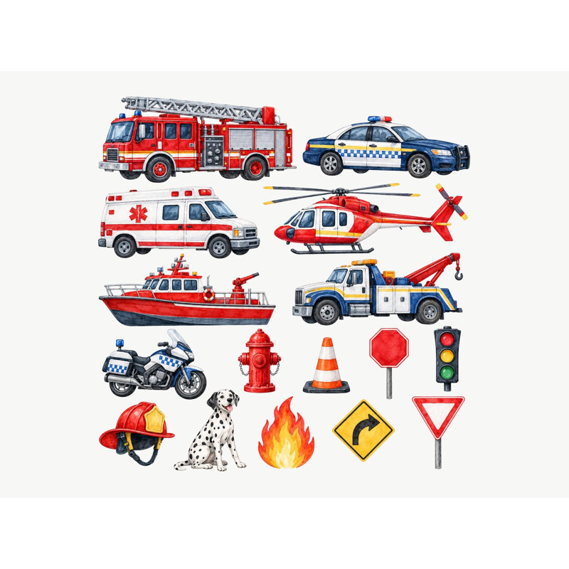 Rescue Vehicle Wall Decals, Set of 16 Peel and Stick Nursery Wall Stickers, Satin Finish Removable Kids Room Wall Art, 20"W x 20"H (50 x 50 cm)