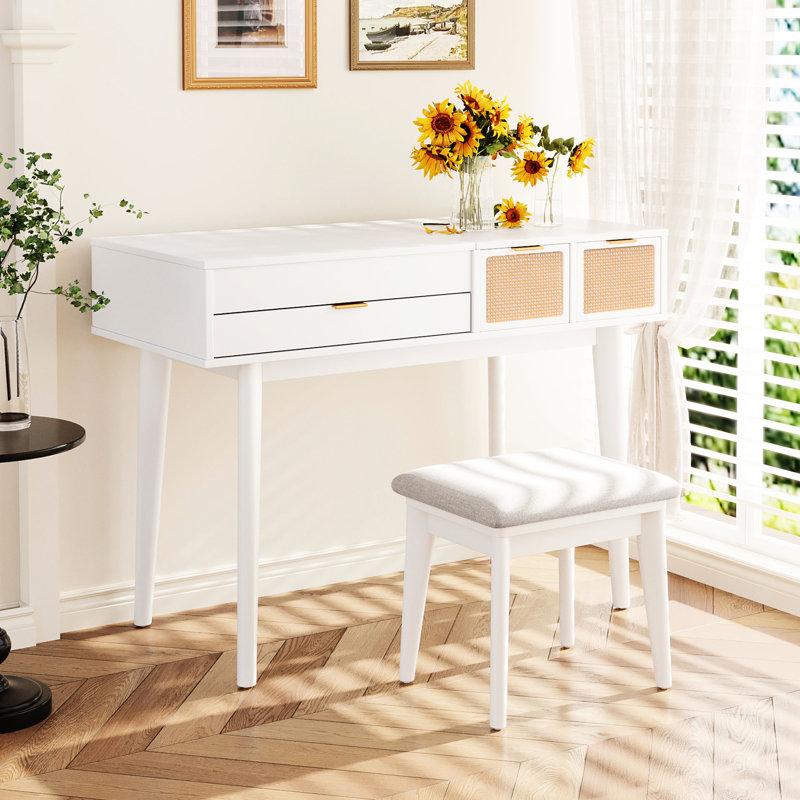 White Solid Wood Makeup Vanity With Stool, 43.3" Flip-Top Mirror And Three Drawers, Functional Design Classic , Drawers