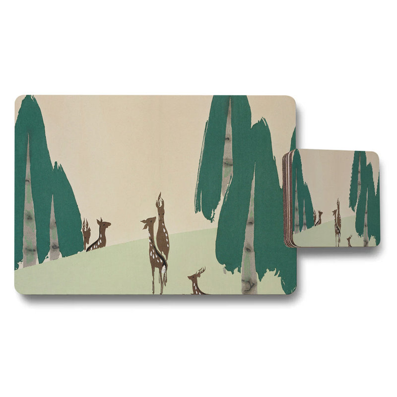 Woodland Deer Scene Placemat And Coaster Set For Table Decor