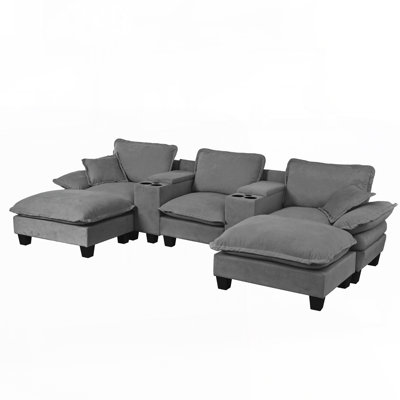U-Shape Cloud Couch with 2 Ottomans, Cup Holders, Storage, USB, Chenille, Sailboat Design