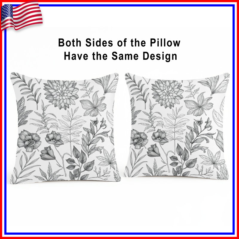 Coussins décoratifs à double face noir et blanc Botanical Illustration, 14 X 14 pouces