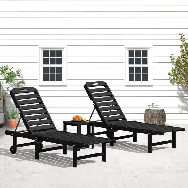 78" Long Outdoor Reclining Chaise Lounge With Cup Holder & Wheels (Set Of 2), Black