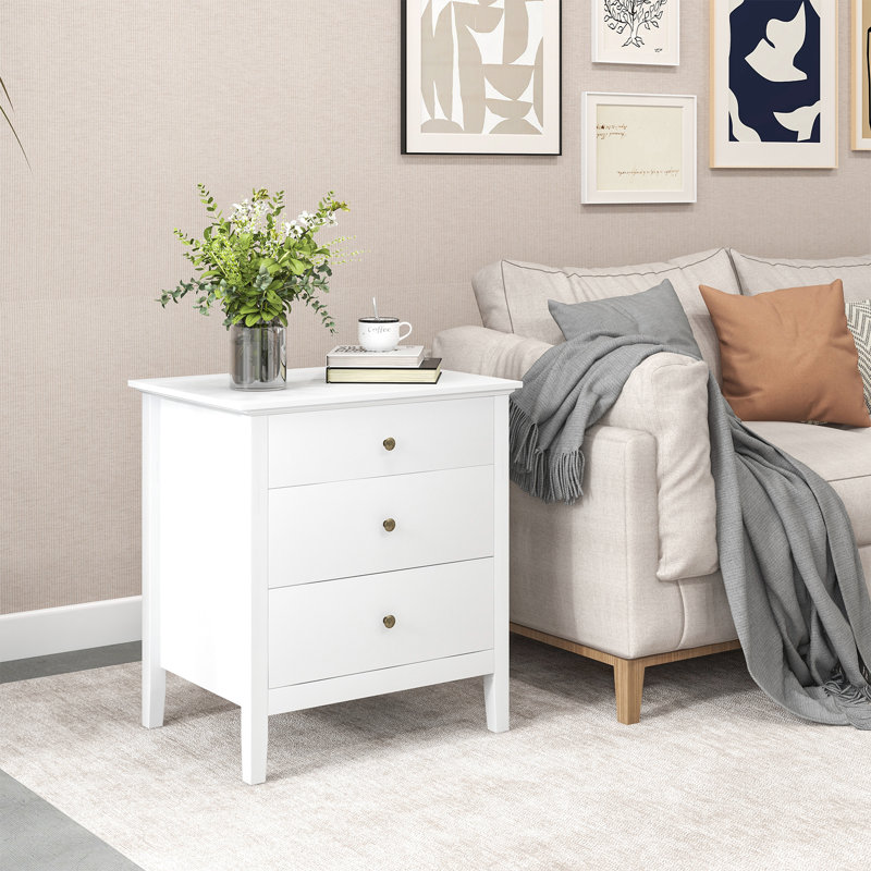 Abdülsamet Modern Wooden Nightstand with 3 Drawers, White