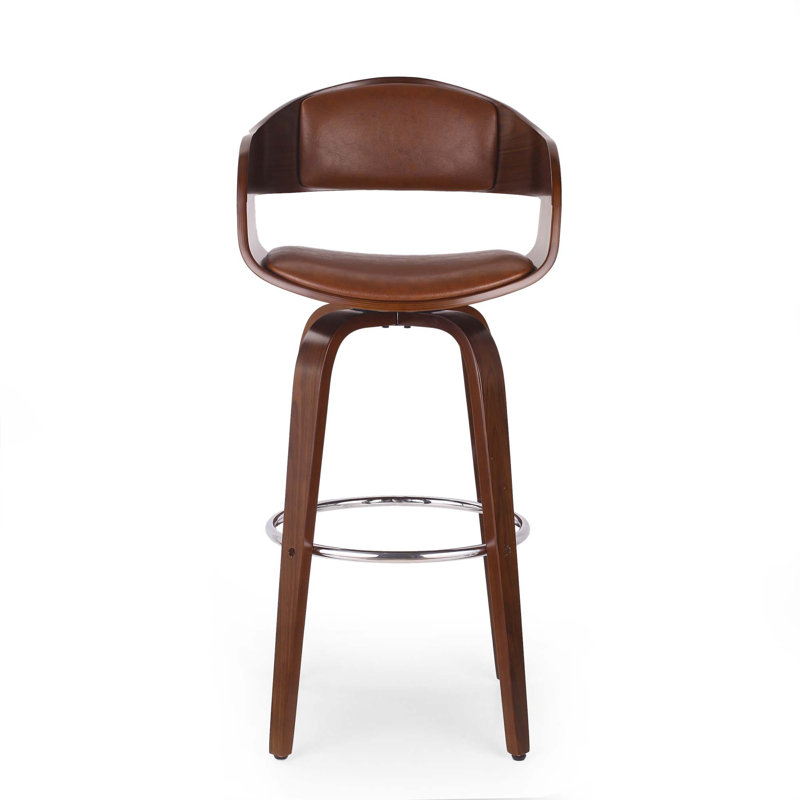 Mid-Century Modern Wooden Frame Swivel Bar Stool, Brown