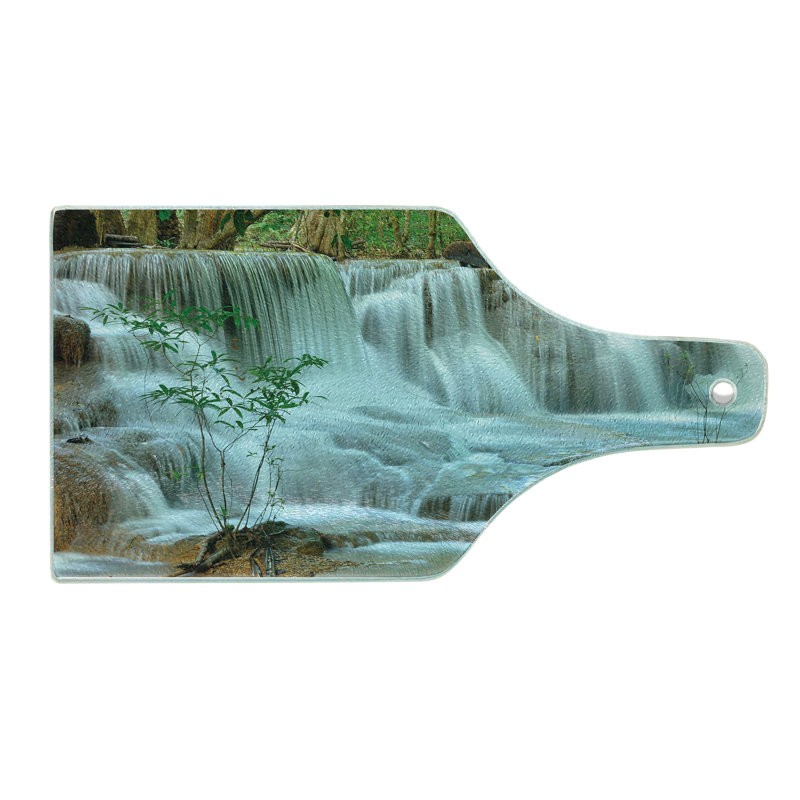 Ambesonne Nature Tempered Glass Cutting Board Waterfall Jungle Stream Tree Green and Brown