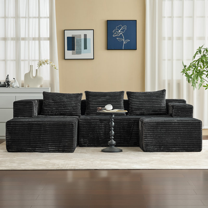 Boneless U-Shaped Deep Seat Modular Sectional Sofa, Corduroy Upholstered Cloud Boneless Couches With Side Pockets
