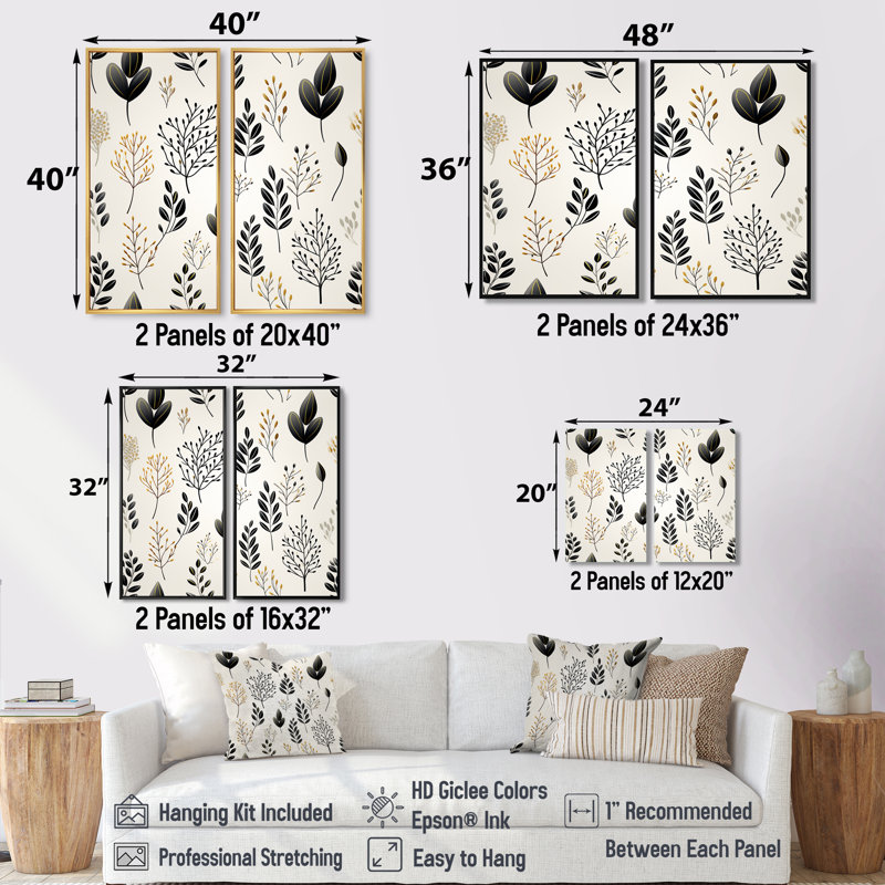 Chic Noir Floral Fusion  - Black Wall Decor 2-Pieces, 36" H x 48" W, Black, Floater Framed Print