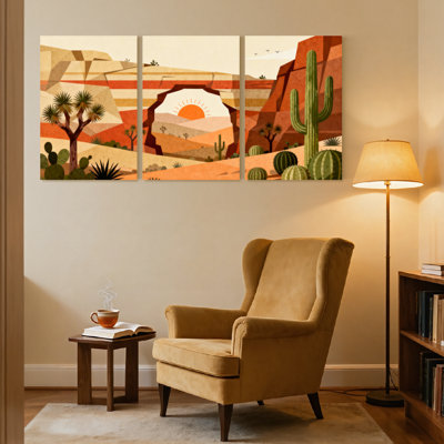 Landscape & Nature Desert Landscape With Cactus And Arch Set of 3 Canvas Wall Art Prints