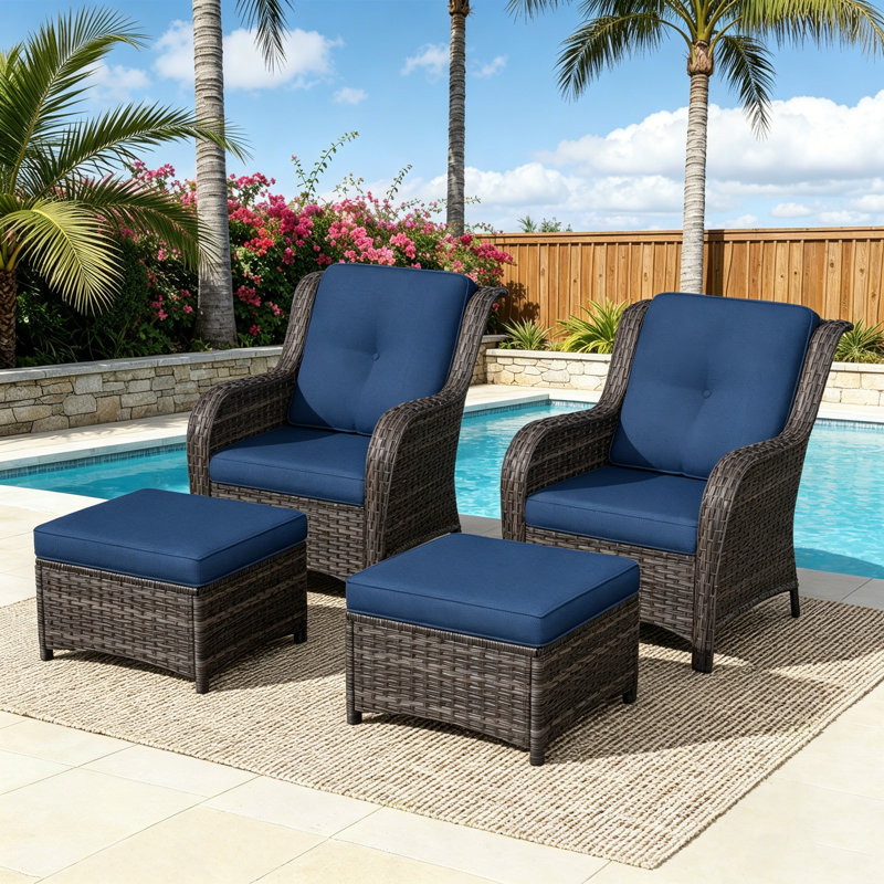 2-Person Polyethylene (PE) Wicker Outdoor Conversation Sets with 2 Chairs And 2 Ottomans, Blue