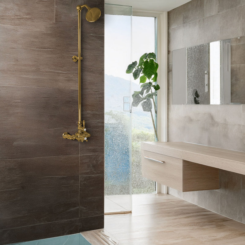 Exposed Thermostatic Shower System (P1022) by Strom Living, Unlacquered Satin Brass