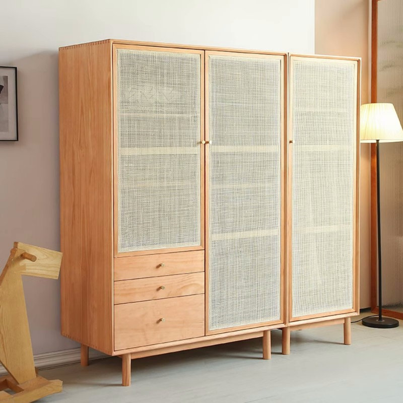 Simple Solid Wood and Rattan Woven Wardrobe