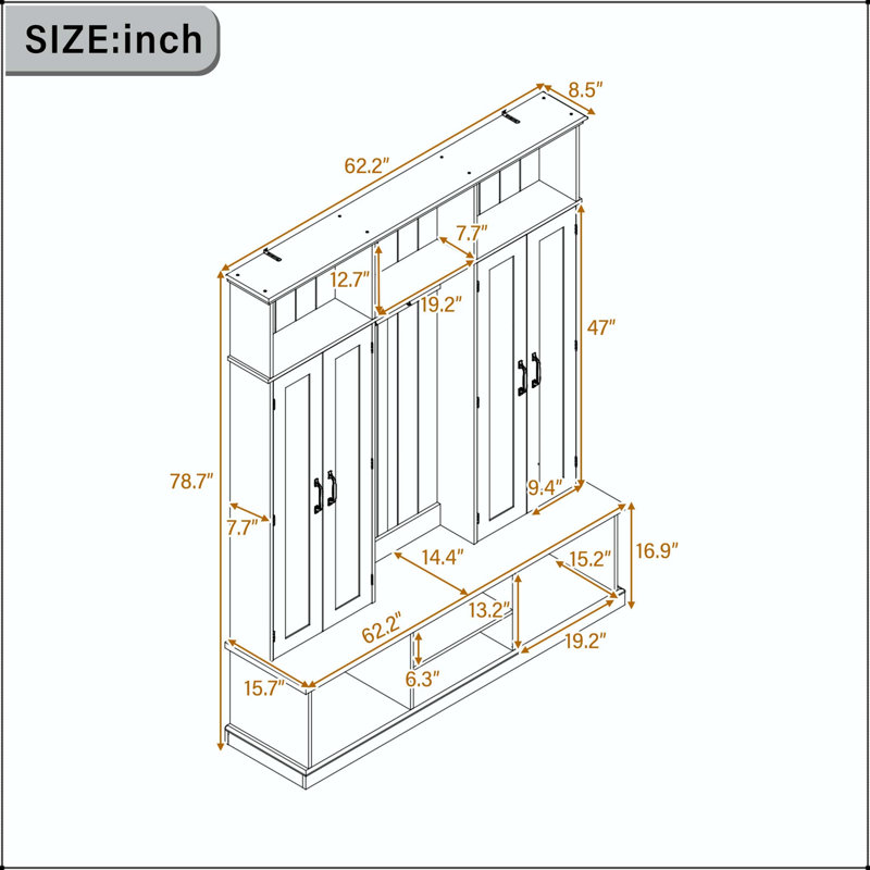 Arbre d'entrée 62,2 "avec banc, casiers supérieurs et rangement inférieur, Noir
