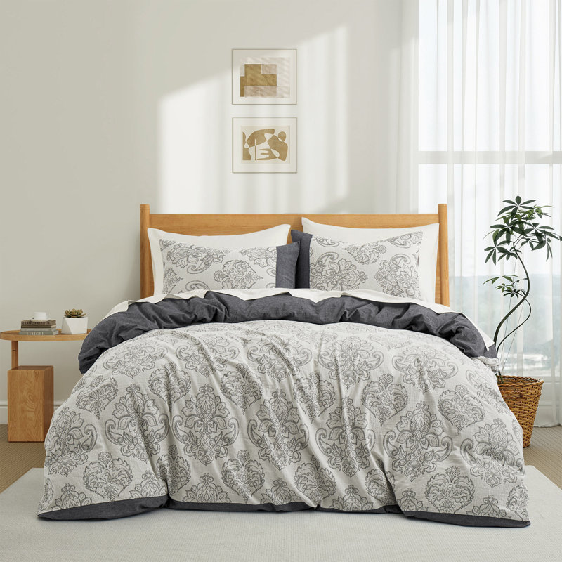 Double Gauze Cotton Jacquard Duvet Cover Set, King Duvet Cover + 2 Pillowcases, Dark Gray