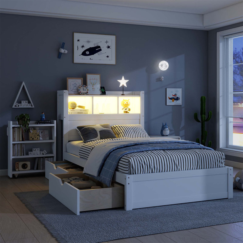 Lit simple en bois avec rangement, lumière DEL et armoire coulissante pour économiser de l'espace et commodité moderne (matelas non inclus)
