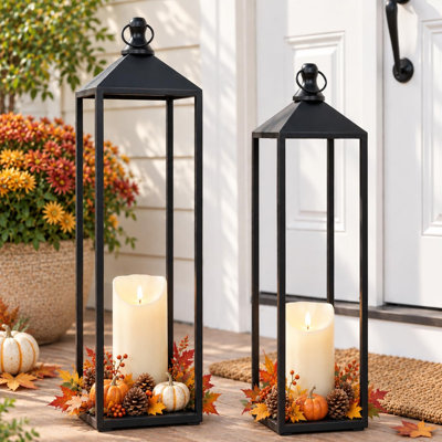 22'' 19'' Large Lanterns Decorative Outdoor Indoor, Set of 2 Candle Lantern，Black Metal Floor Lanterns Decorative for Home Decor, Mantle, Fireplace, Patio, Porch, Garden, Modern Farmhouse No Glass