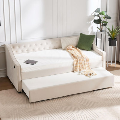 Lit de jour simple rembourré avec couchette, port USB, poches latérales, lit de jour en velours avec bouton sur le dos et passepoil sur les accoudoirs ondulés pour la chambre d'amis