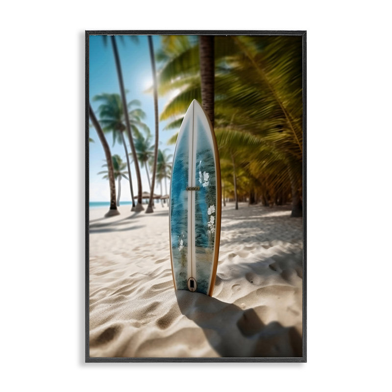 «Blue Surfboard Coastal Blur», estampe numérique, design par LSR Design Studio, Giclée encadrée noir minuit