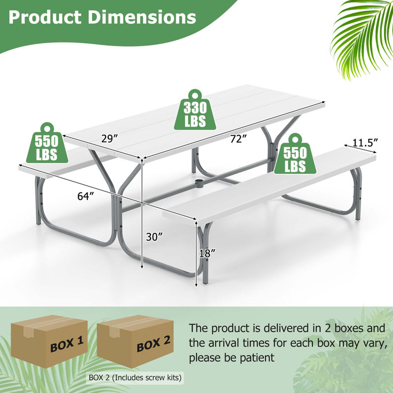 Red Barrel Studio 6 Ft Picnic Table Bench Set Outdoor Dining Table & 2 Benches With Metal Frame White, Blanc