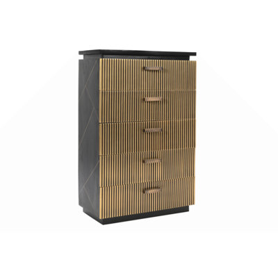 Commode 5 tiroirs de style moderne en bois de manguier avec métal en laiton