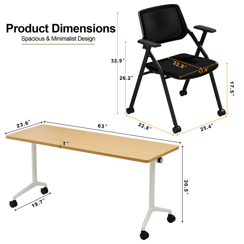 Ensemble de 3 tables de salle de formation Niaja, 1 table à plateau rabattable en chêne naturel et 2 chaises de formation certifiées BIFMA