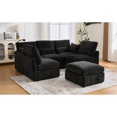 Canapé modulaire noir 85,4 po avec charge mobile intégrée, support pour téléphone et trois coussins lombaires multifonctionnels en forme de L à deux ports, chenille confortable pour la vie