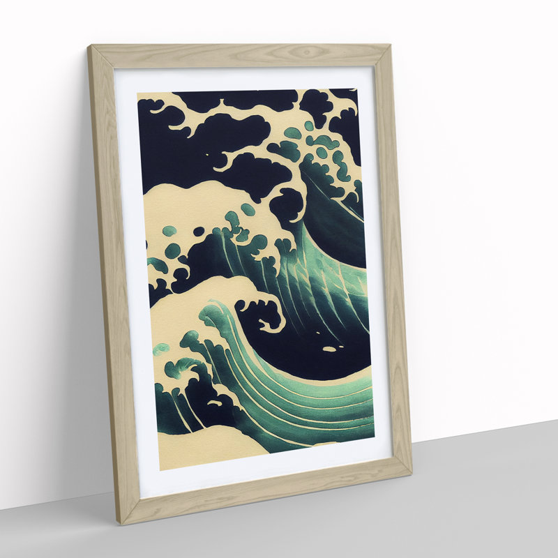 Awesome Japanese Wave 1 Piece Single Picture Frame Painting, 34cm H x 25cm W x 2cm D, Oak Framed
