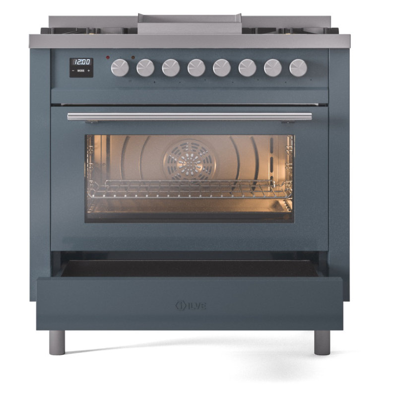 Cuisinière à double combustible 36 ILVE Professional Plus II, 6 brûleurs scellés, plaque chauffante (bleu gris), Bleu/gris