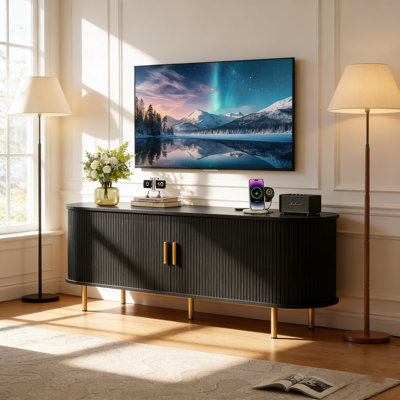 55" Mid-Century TV Stand W/ Power Outlet | Fits 60" Tvs, Sliding Doors & Adjustable Shelves