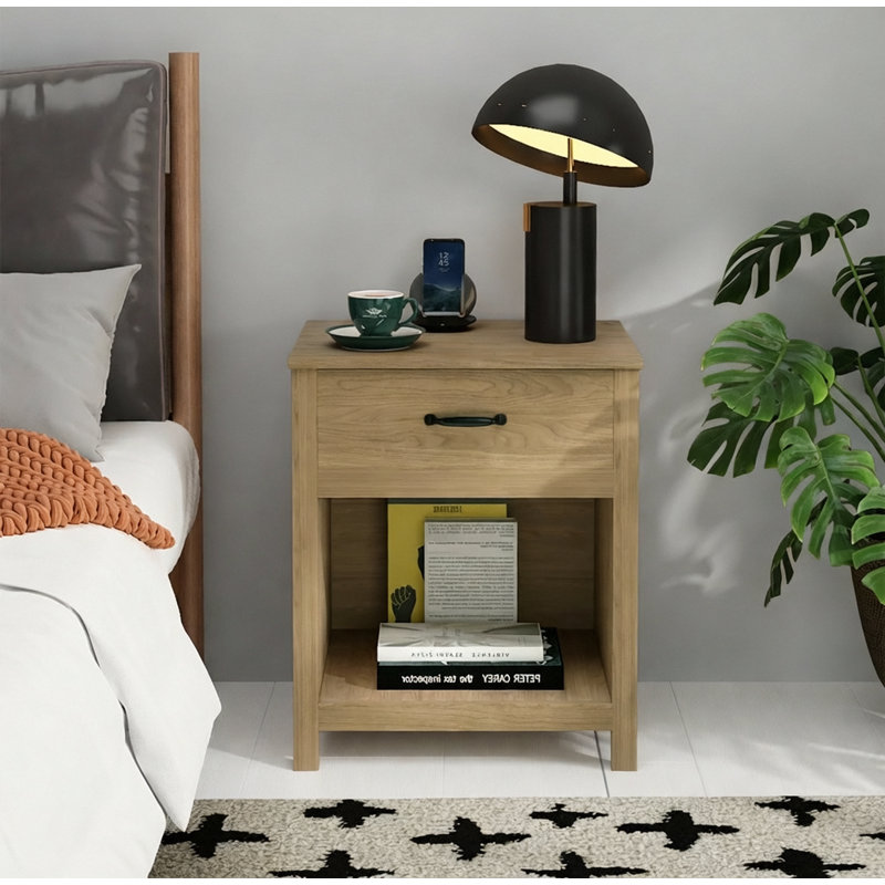 Table de chevet en bois avec tiroir et tablette ouverte pour petits espaces
