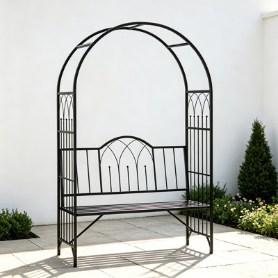 Arche de jardin en métal avec banc, treillis extérieur pour 2 personnes, idéal pour les plantes grimpantes, les vignes et les vignes, capacité de charge de 220 kg, noir
