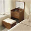 (48cm) (noyer) Bureau de coiffeuse 3 en 1 avec miroir Plip, petit ensemble de coiffeuse avec bureau en verre visible, coiffeuse compacte à maquillage avec 3 tiroirs