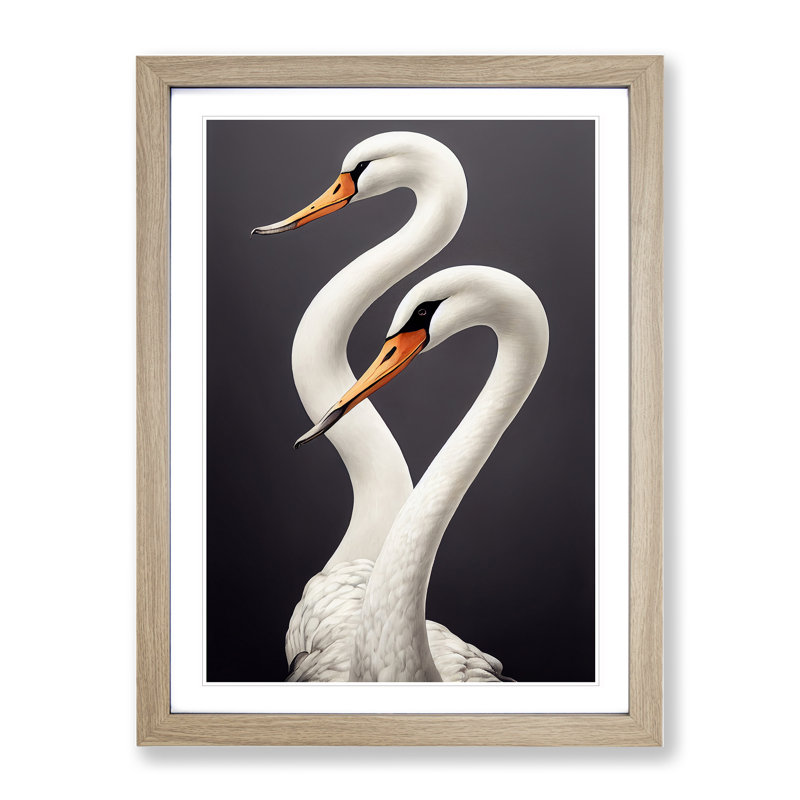 Two Pretty Swans - Wall Art, 66cm H x 48cm W x 3cm D, Oak Picture Framed, White