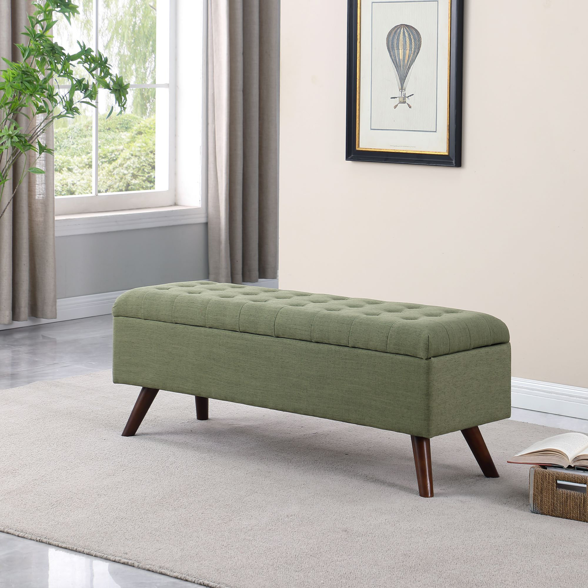 23.6 Modern Upholstered Green Shoe Rack Flip-Top Entryway Bench with Open  Storage