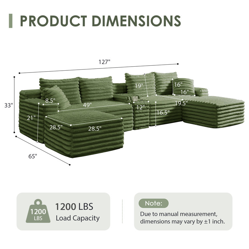 Canapé en forme de nuage U / L 127 po avec console, rangement, USB, 2 repose-pieds et porte-gobelet, luxueux fauteuils de compression durables en velours côtelé
