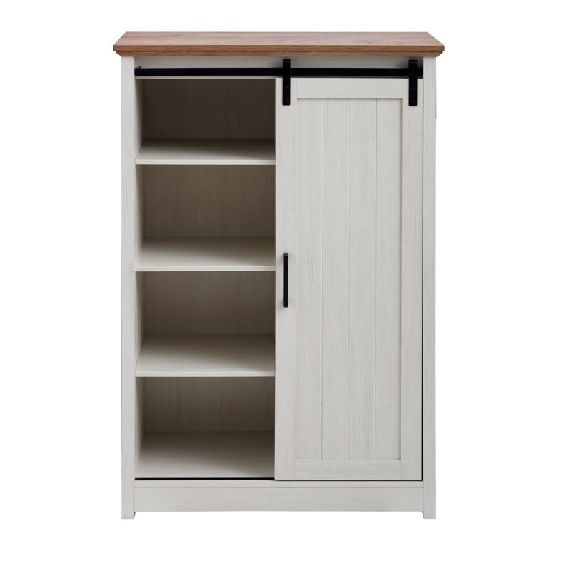 Farmhouse Accent Chest With Sliding Barn Door And 5 Drawers - Rustic Charm And Practical Storage, Oak/White