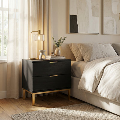 19.7" Black 2-Drawer Nightstand With Gold-Tone Legs And Handles