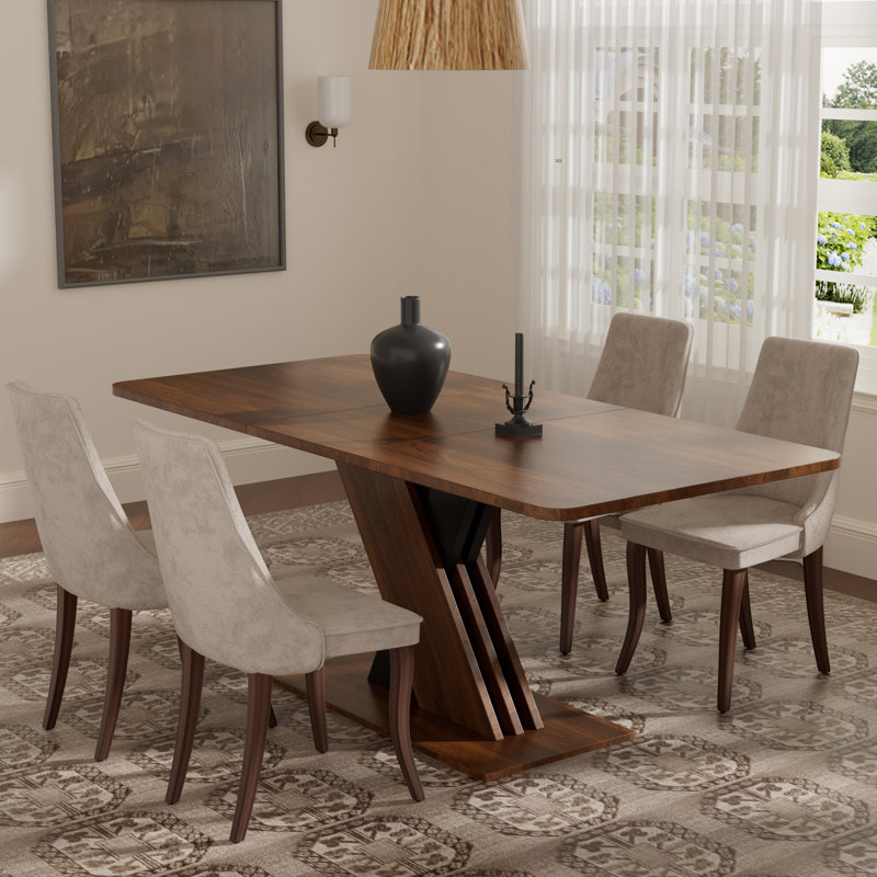 Rectangle Pedestal Dining Set with Rayon Cloth Flocking Fabric Dining Chairs Set, 5, Beige, Brown