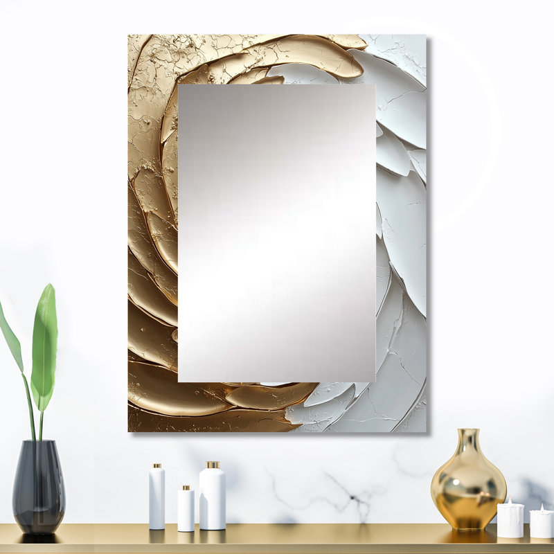 White And Gold Rose Love Spiral II - Abstract Decorative Mirror On Metal, 32" x 24"