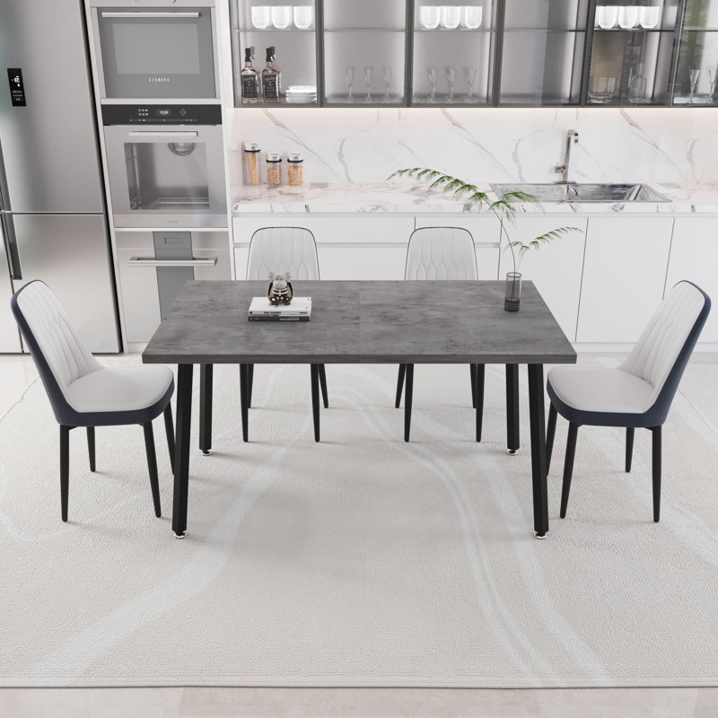 Expandable Rectangular Dining Table With 4 PU Fabric Thick Padded Chairs