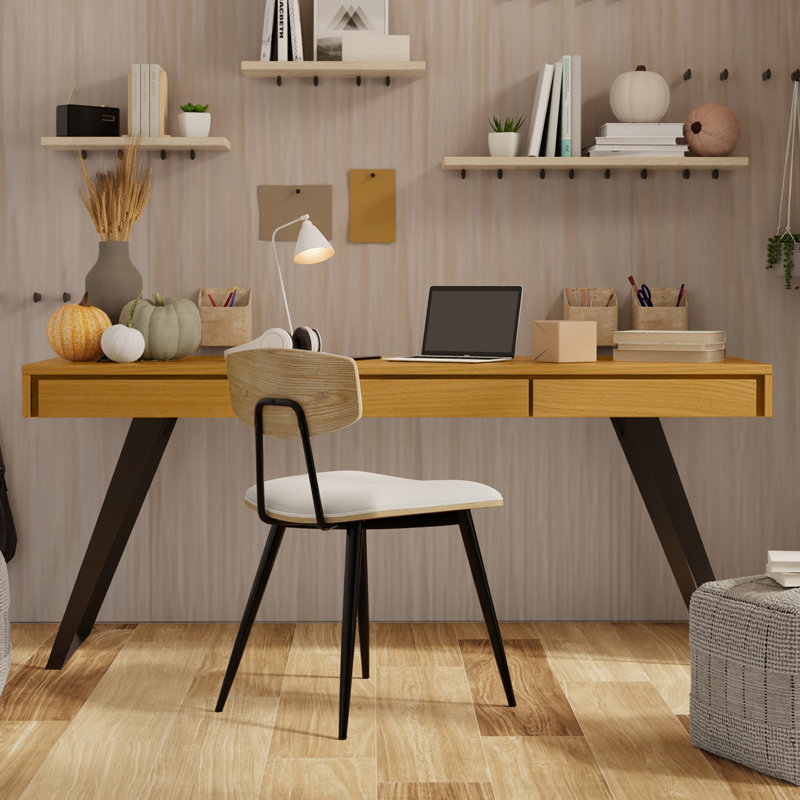 Lowry 72"W Oak Veneer and Metal Modern Industrial Writing Desk with 2 Deep Drawers and Flip-Down Keyboard Tray, Oak/Black