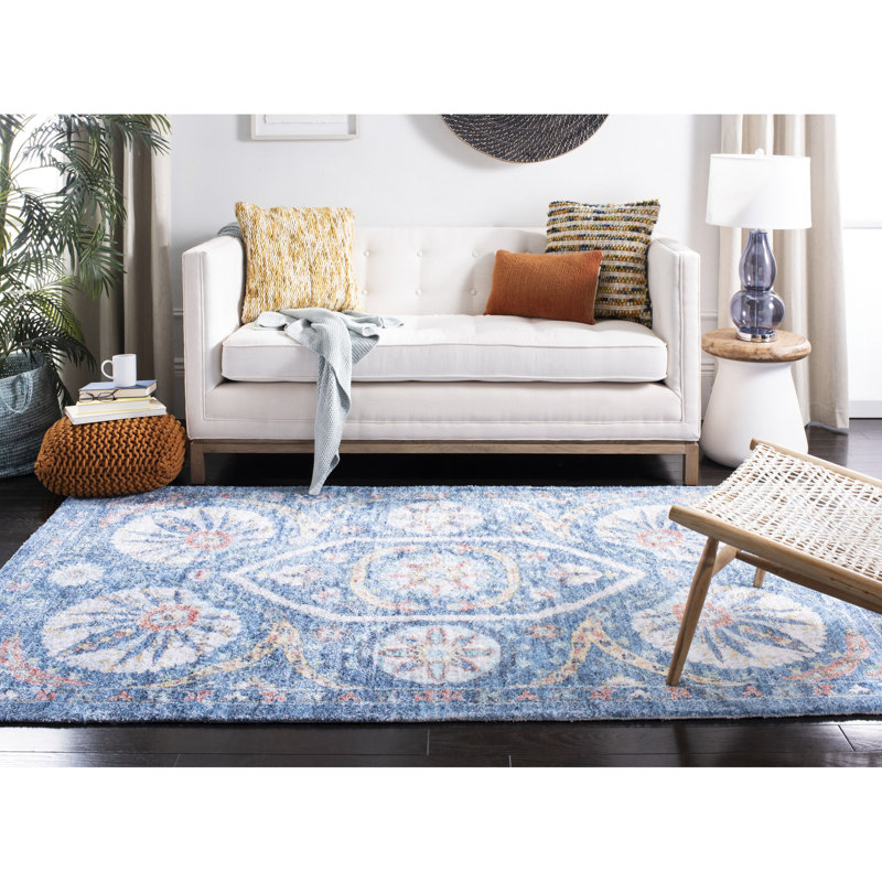 Tapis oriental bleu / crème touffeté à la main Saffron, Rectangle 5 pi x 8 pi