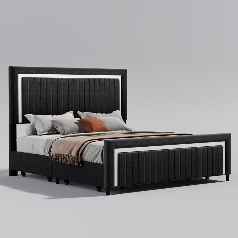 Deovion LED Upholstered 4-Drawer Platform Bed, Black, Queen