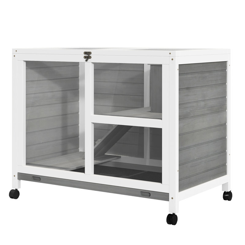 Grey Rabbit With Wheels - Desk And Side Table Sized. Waterproof Wood Cage For 1 Or 2 Dwarf Rabbits. 36" Length X 21" Width 28.75" Height. Seamless Mobility Compact Adjustable Qualities Waterproof,