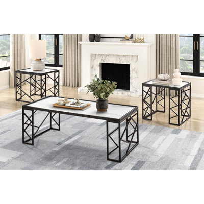 Table 3 pièces pour la décoration: plateaux en verre trempé et cadre en métal noir Mobilier de salon: