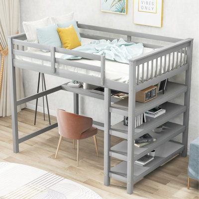 Full Size Loft Bed With Storage Shelves And Under-Bed Desk, Grey