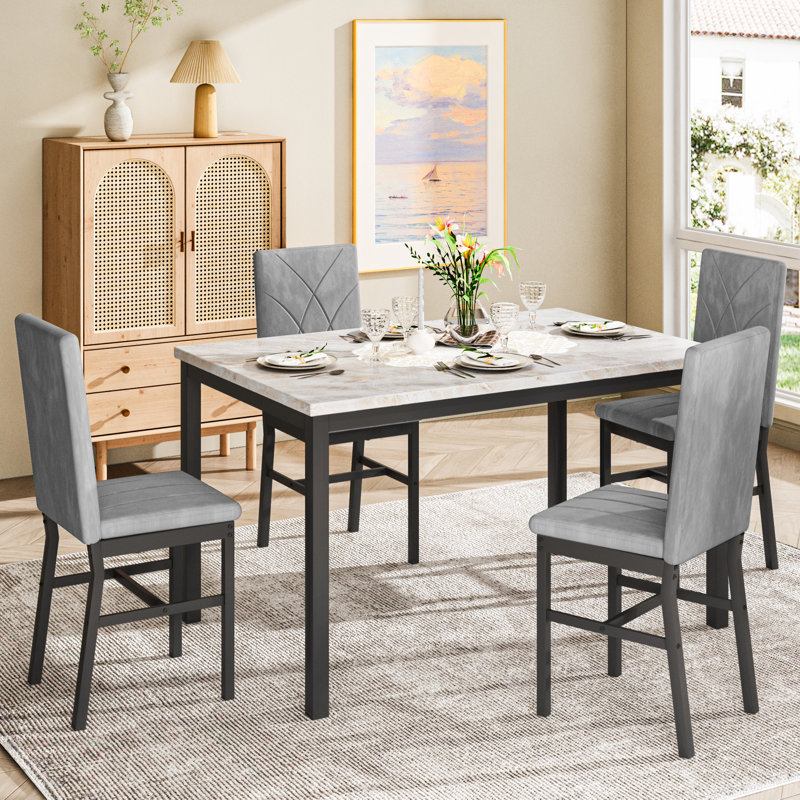 Ensemble de table de salle à manger 5 pièces pour 4 personnes, ensemble de coin repas rectangulaire en faux marbre avec 4 chaises rembourrées pour la cuisine, coin repas, petit espace
