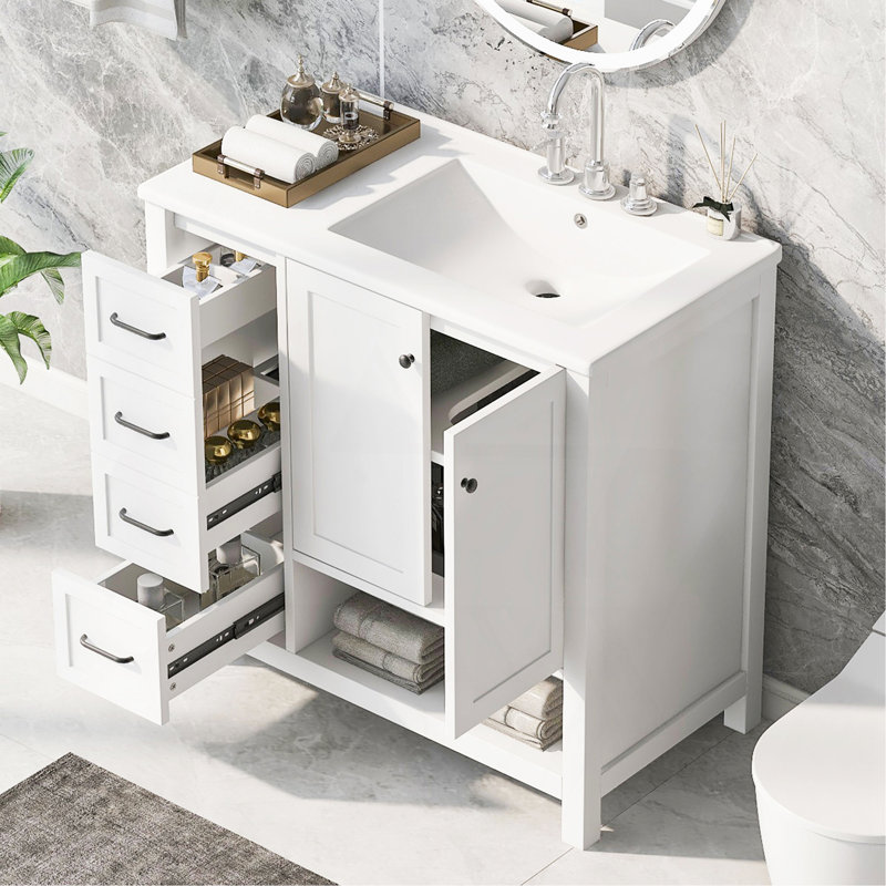 Meuble-lavabo 36 po avec comptoir d'évier, meuble-lavabo avec deux portes et deux tiroirs, bois massif, tablette ouverte, panneaux de fibres à densité moyenne, un paquet, blanc