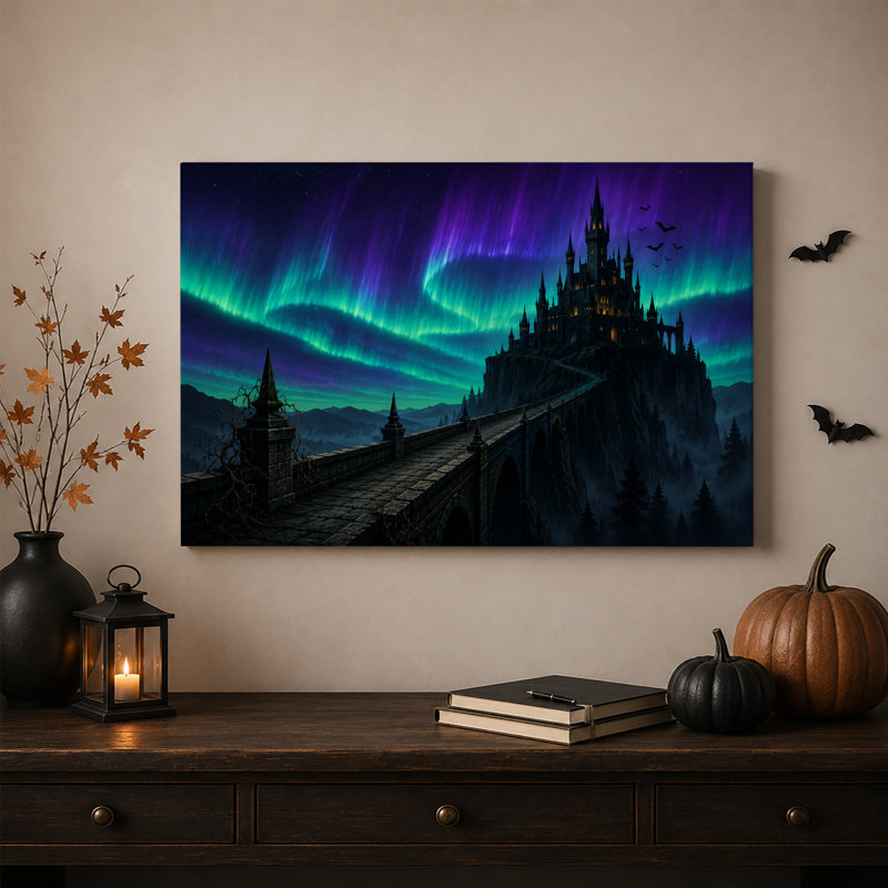 Château gothique sur falaise sous une toile verte et violette, art mural d'Halloween, 24"H x 36"W