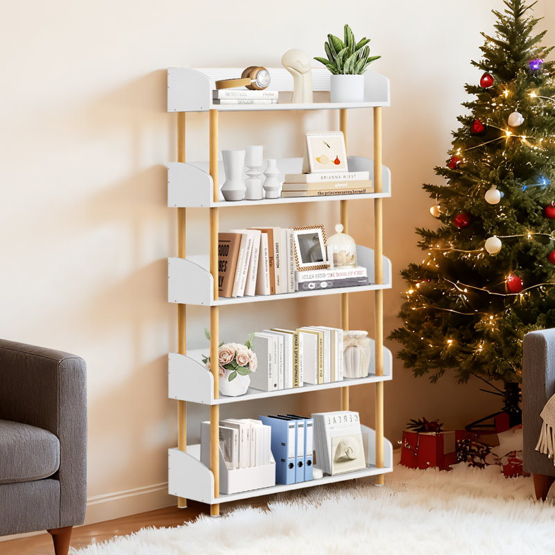 Bibliothèque 57,09 "avec support à 5 niveaux pour salon, Blanc, (5 tablettes) H 57,09 po x l 31,26 po x P 9,5 po