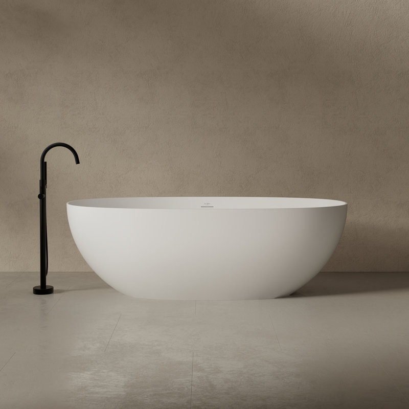 MonBlari 59" X 28" Solid Surface Freestanding White Soaking Bathtub with Overflow and Pop-up Drain For Bathroom, Matte White